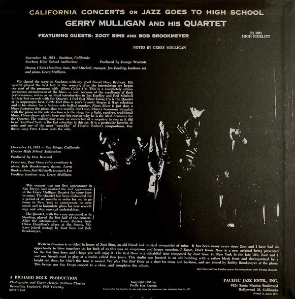 Gerry Mulligan : California Concerts (LP, Album, Mono, RE)