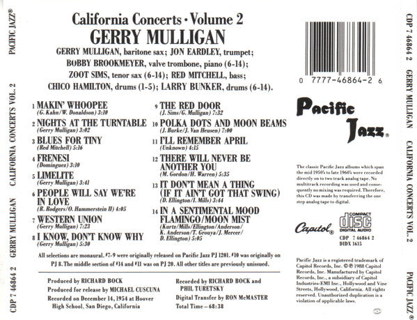 Gerry Mulligan : California Concerts • Volume 2 (CD, Album, Mono, RE)
