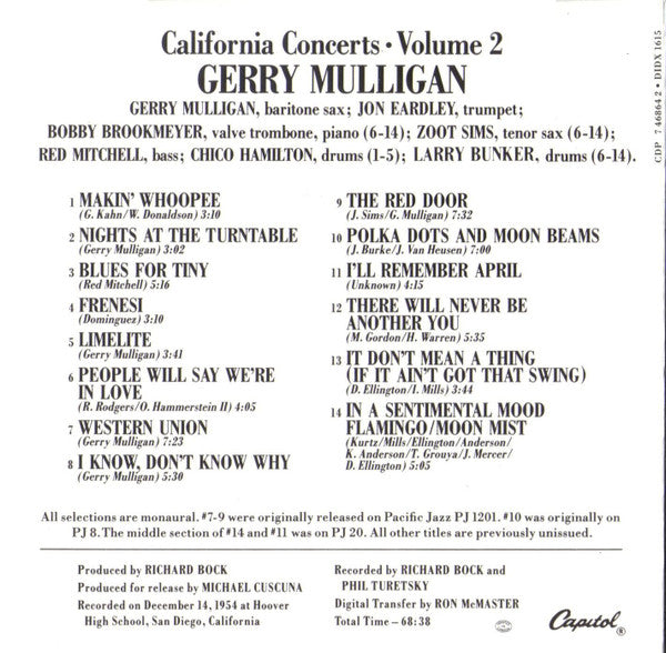 Gerry Mulligan : California Concerts • Volume 2 (CD, Album, Mono, RE)