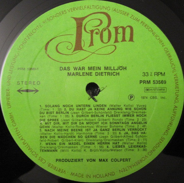 Marlene Dietrich : Das War Mein Milljöh (LP, Album, RE)