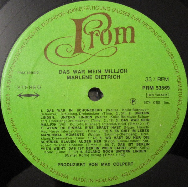Marlene Dietrich : Das War Mein Milljöh (LP, Album, RE)