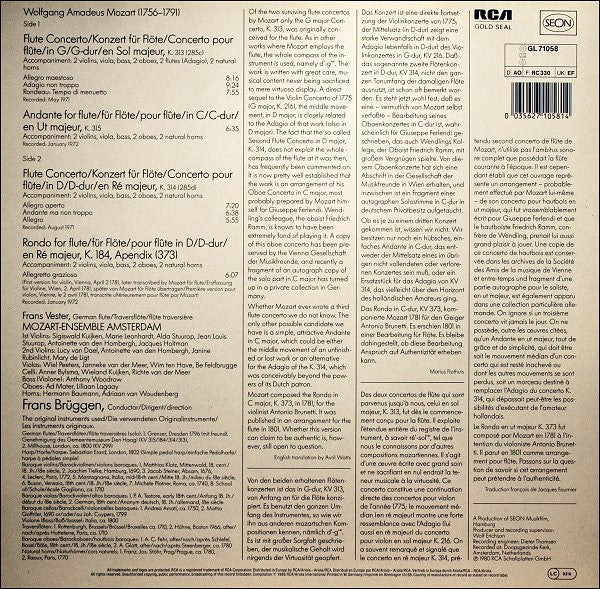 Wolfgang Amadeus Mozart / Frans Vester, Mozart-Ensemble Amsterdam, Frans Brüggen : Die Flötenkonzerte KV 313 & 314 = The Flute Concertos = Les Concertos Pour Flûte / Rondo KV 184 • Andante KV 315 (LP, RE, RM)