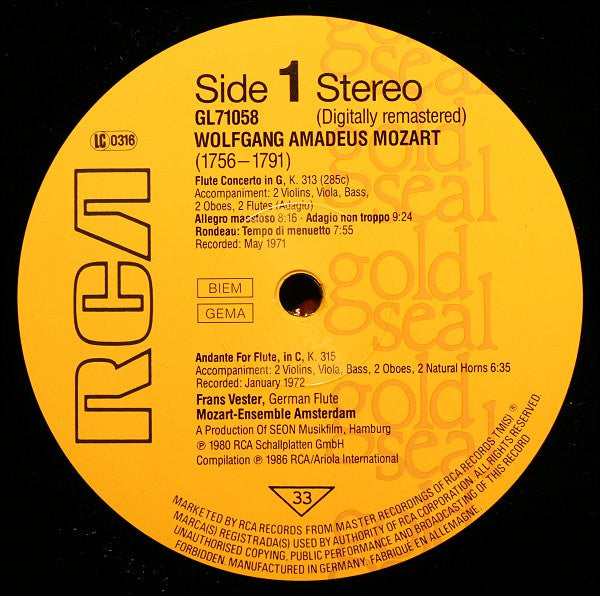 Wolfgang Amadeus Mozart / Frans Vester, Mozart-Ensemble Amsterdam, Frans Brüggen : Die Flötenkonzerte KV 313 & 314 = The Flute Concertos = Les Concertos Pour Flûte / Rondo KV 184 • Andante KV 315 (LP, RE, RM)