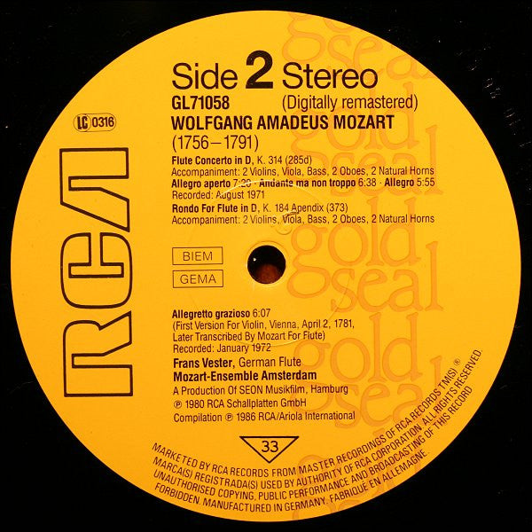 Wolfgang Amadeus Mozart / Frans Vester, Mozart-Ensemble Amsterdam, Frans Brüggen : Die Flötenkonzerte KV 313 & 314 = The Flute Concertos = Les Concertos Pour Flûte / Rondo KV 184 • Andante KV 315 (LP, RE, RM)