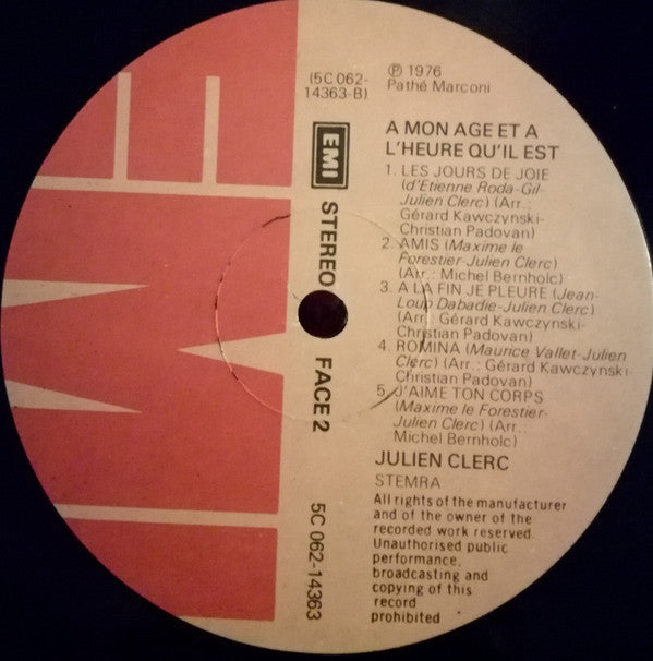 Julien Clerc : À Mon Age Et À L'Heure Qu'Il Est (LP, Album)