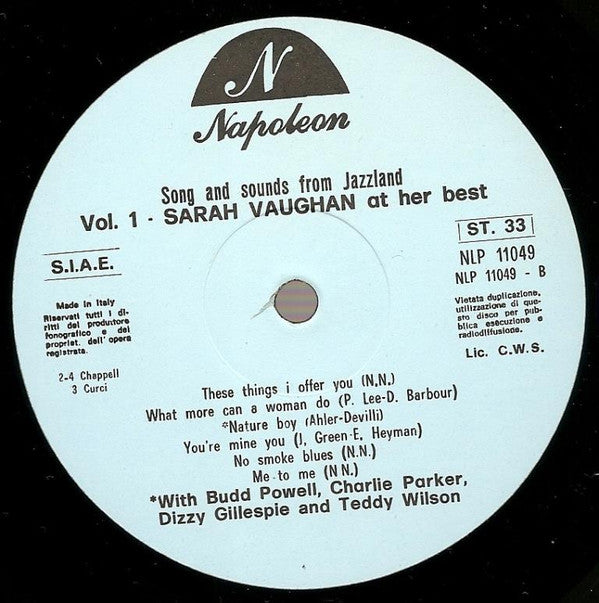 Sarah Vaughan : Sarah Vaughan At Her Best - Songs And Sounds From Jazzland Vol.1 (LP, Comp)
