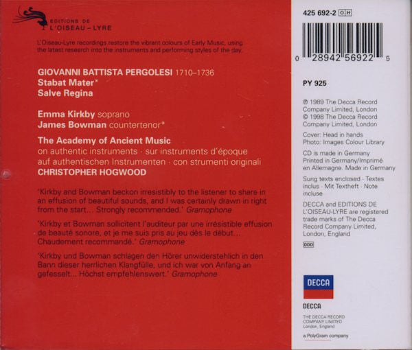 Giovanni Battista Pergolesi, Emma Kirkby, James Bowman (2), The Academy Of Ancient Music, Christopher Hogwood : Stabat Mater - Salve Regina (CD, RE)
