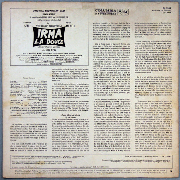 David Merrick (2) Presents Elizabeth Seal And Keith Michell : Irma La Douce (Original Broadway Cast) (LP, Album, Mono)