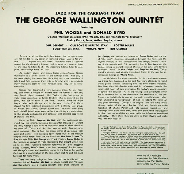 George Wallington Quintet : Jazz For The Carriage Trade (LP, Album, Mono, Ltd, RE, RM)