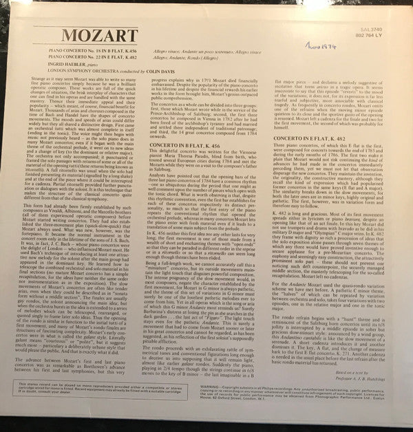 Ingrid Haebler, Wolfgang Amadeus Mozart, London Symphony Orchestra, Sir Colin Davis : Klavierkonzert Nr. 22 Es-Dur, KV 482 / Klavierkonzert Nr. 18 B-Dur, KV 456 (LP, Gat)