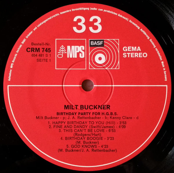 Milt Buckner : Birthday Party For H.G.B.S. (LP, Album, Gat)
