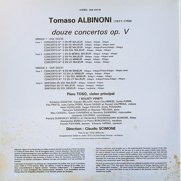 Tomaso Albinoni, I Solisti Veneti / Claudio Scimone : Douze Concertos Op. V (2xLP)