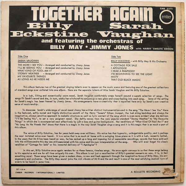 Sarah Vaughan And Billy Eckstine : Together Again (LP, Comp)