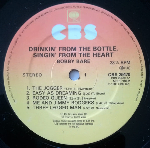 Bobby Bare : Drinkin' From The Bottle Singin' From The Heart (LP, Album)