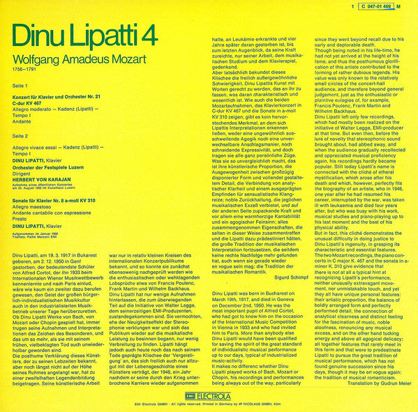 Wolfgang Amadeus Mozart - Dinu Lipatti : Dinu Lipatti 4 - Klavierkonzert Nr. 21 C-Dur / Sonate Nr. 8 A-Moll  (LP, Mono, RE)