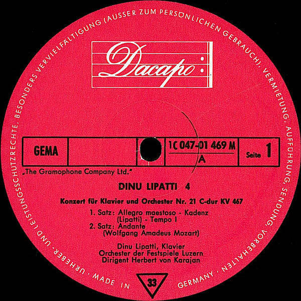 Wolfgang Amadeus Mozart - Dinu Lipatti : Dinu Lipatti 4 - Klavierkonzert Nr. 21 C-Dur / Sonate Nr. 8 A-Moll  (LP, Mono, RE)