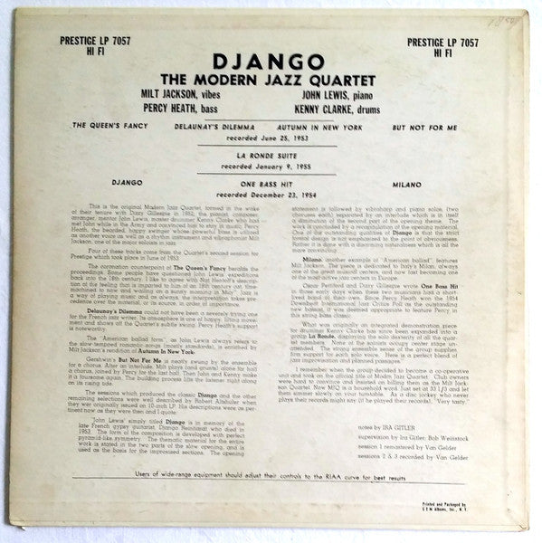 The Modern Jazz Quartet : Django (LP, Album, Mono, RP, Abb)