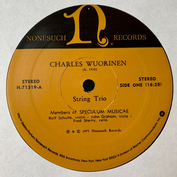 Charles Wuorinen, Members Of Speculum Musicae, The Light Fantastic Players, Daniel Shulman (2) : String Trio / Bearbeitungen Über Das Glogauer Liederbuch / Grand Bamboula (LP, Album)