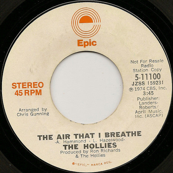 The Hollies : The Air That I Breathe (7", Single, Mono, Promo, Styrene, Pit)