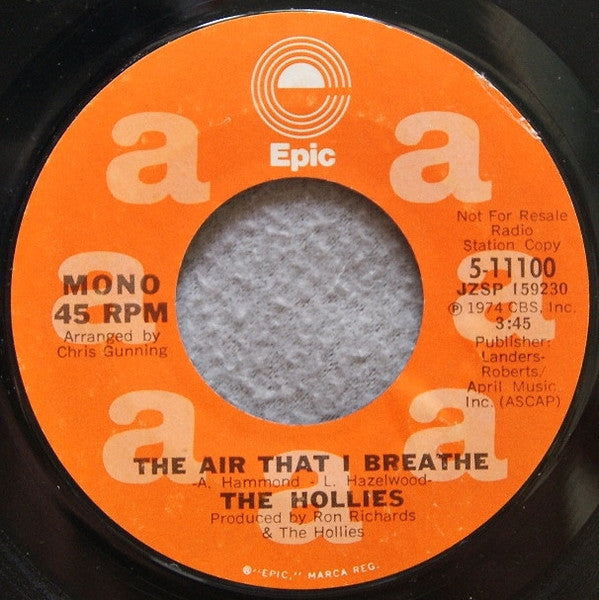 The Hollies : The Air That I Breathe (7", Single, Mono, Promo, Styrene, Pit)