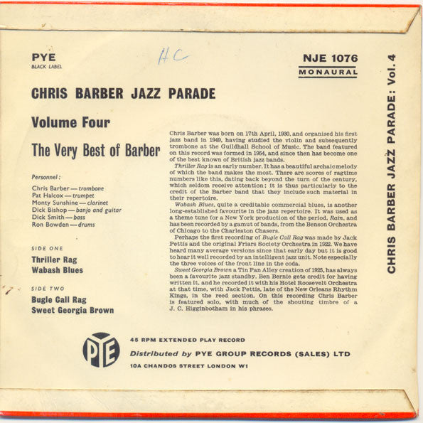 Chris Barber : Chris Barber Jazz Parade Volume Four (7", EP, Mono)