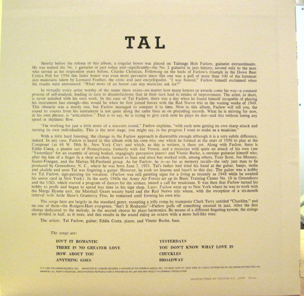 Tal Farlow : Tal (LP, Album, Mono, RE)
