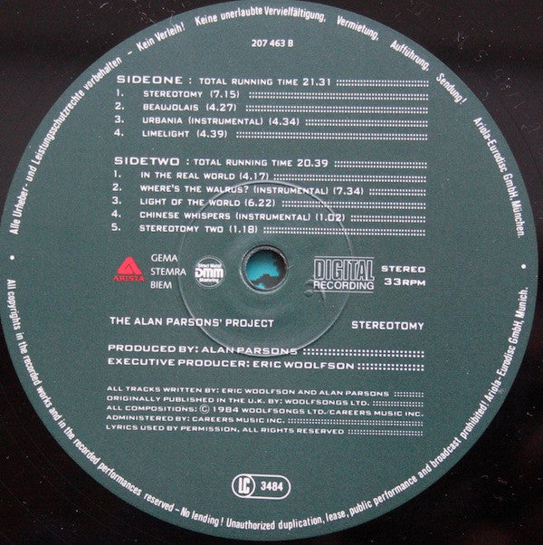 The Alan Parsons Project : Stereotomy (LP, Album)