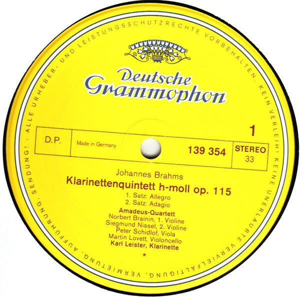 Johannes Brahms - Amadeus-Quartett • Karl Leister : Klarinettenquintett H-Moll (LP)