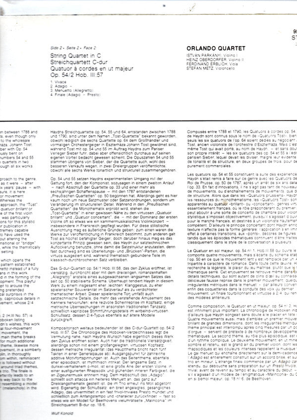 Joseph Haydn, Orlando Quartet : String Quartets = Streichquartette Op.54 Nos. 1 & 2 (LP)