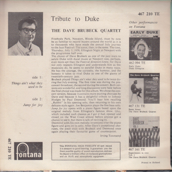 The Dave Brubeck Quartet : Tribute To Duke (7")
