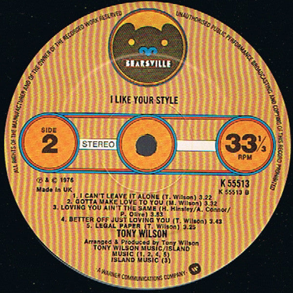 Tony Wilson (3) :  I Like Your Style (LP, Album, Emb)