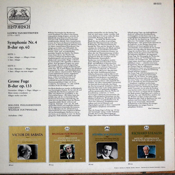 Wilhelm Furtwängler dirigiert Ludwig van Beethoven / Berliner Philharmoniker : Symphonie Nr. 4 · Große Fuge B-Dur (LP, Mono, RE)