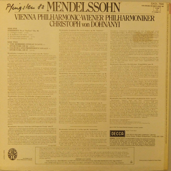 Felix Mendelssohn-Bartholdy, Wiener Philharmoniker, Christoph von Dohnányi : Symphony No. 4 Italian / The Hebrides (Fingal's Cave) - Overture / Calm Sea And Prosperous Voyage - Overture (LP)