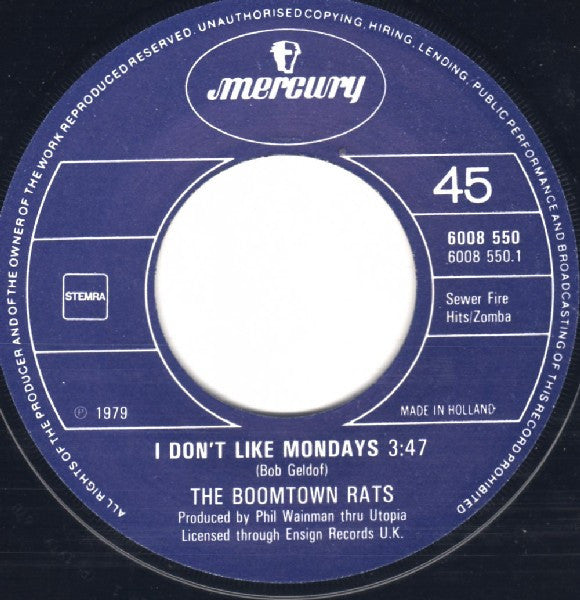 The Boomtown Rats : I Don't Like Mondays (7", Single)
