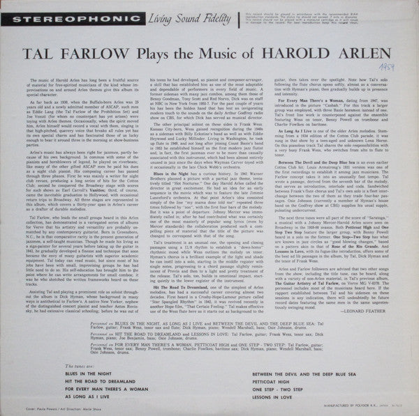 Tal Farlow : Tal Farlow Plays The Music Of Harold Arlen (LP, RE)
