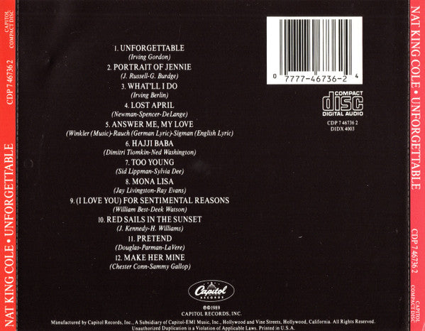 Nat King Cole : Unforgettable (CD, Album, RE)