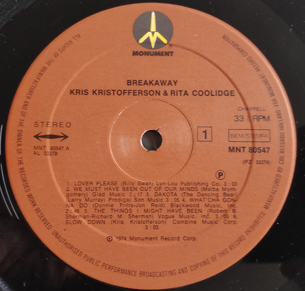 Kris Kristofferson & Rita Coolidge : Breakaway (LP, Album)
