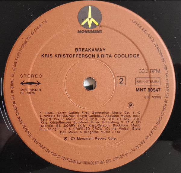 Kris Kristofferson & Rita Coolidge : Breakaway (LP, Album)