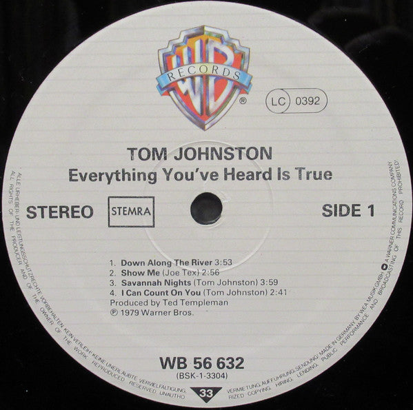 Tom Johnston : Everything You've Heard Is True (LP, Album)