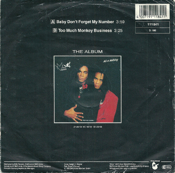 Milli Vanilli : Baby Don't Forget My Number (7", Single)