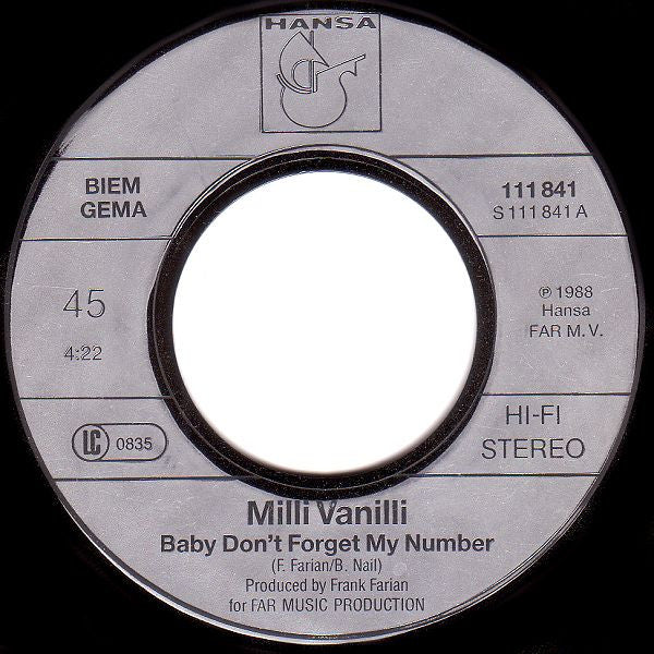 Milli Vanilli : Baby Don't Forget My Number (7", Single)