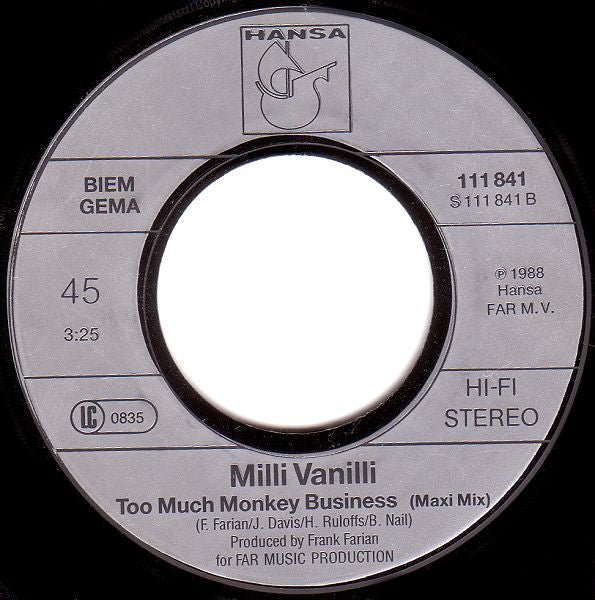 Milli Vanilli : Baby Don't Forget My Number (7", Single)