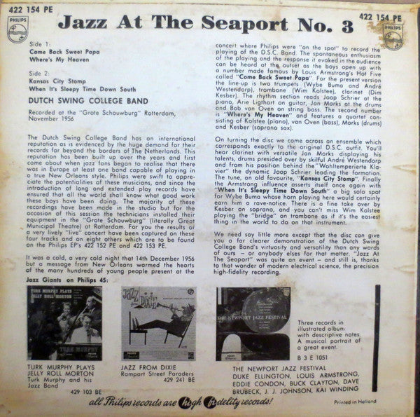 The Dutch Swing College Band : Jazz At The Seaport No. 3 (7", EP)