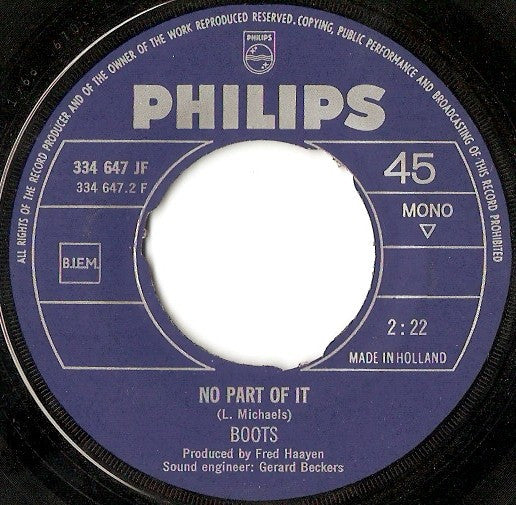 The Boots : In The Beginning / No Part Of It (7", Single, Mono, Blu)