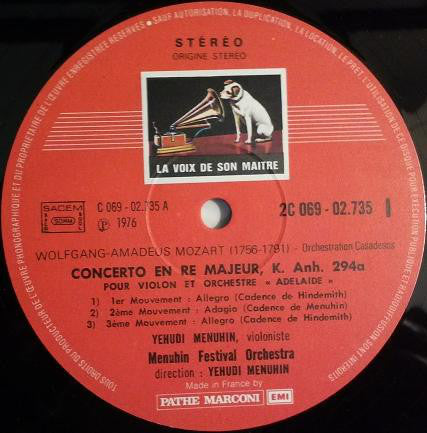 Wolfgang Amadeus Mozart - Yehudi Menuhin - Menuhin Festival Orchestra : Concerto "Adelaïde" - Concerto N°7 En Ré Majeur (LP)