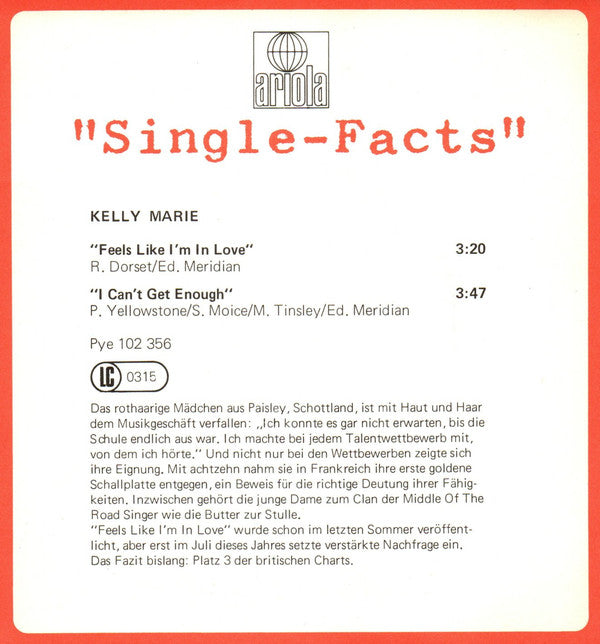 Kelly Marie : Feels Like I'm In Love (7", Single)