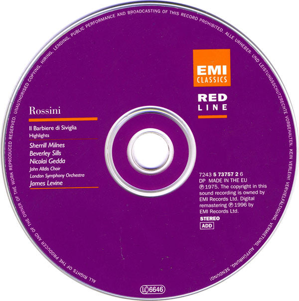 Gioacchino Rossini, Sherrill Milnes, Beverly Sills, Nicolai Gedda, John Alldis Choir, London Symphony Orchestra, James Levine (2) : Il Barbiere Di Siviglia - Highlights (CD)