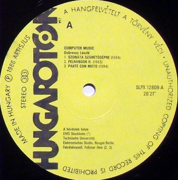 László Dubrovay, Ricardo Mandolini, Tamas Ungvary : Computer Music (LP, Album)