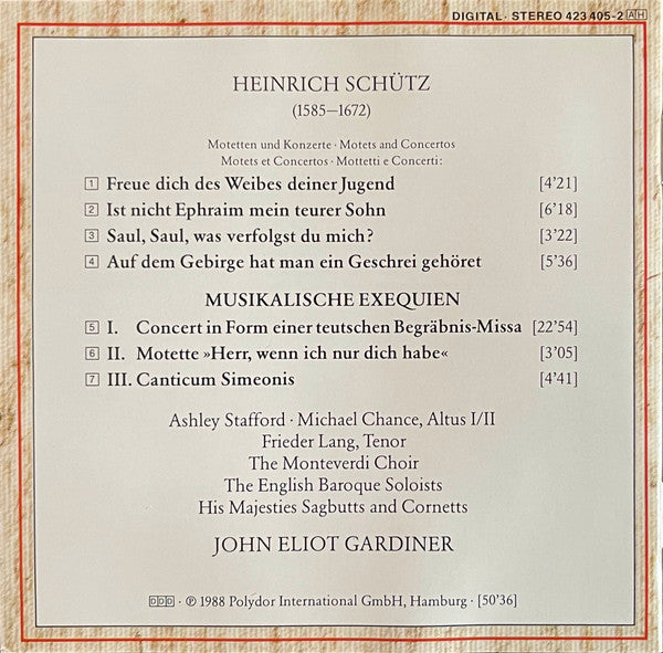 Heinrich Schütz, John Eliot Gardiner, The Monteverdi Choir, The English Baroque Soloists, His Majestys Sagbutts And Cornetts : Musikalische Exequien - Motetten Und Konzerte (CD, Album)