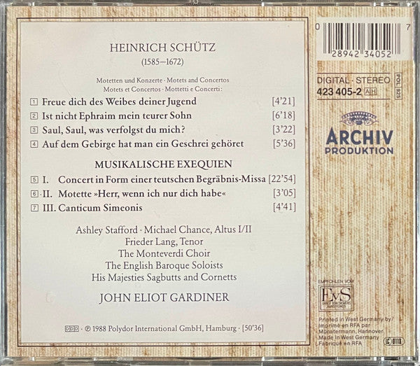 Heinrich Schütz, John Eliot Gardiner, The Monteverdi Choir, The English Baroque Soloists, His Majestys Sagbutts And Cornetts : Musikalische Exequien - Motetten Und Konzerte (CD, Album)